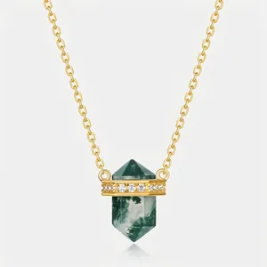 Elegant S925 Sterling Silver Gold Plated Moss Agate Hexagonal Column Pendant Necklace For Women Natural Green Water Grass Agate Inlaid Rhinestone Jewelry