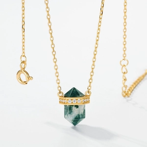 S925 silver gold plated necklace with green moss agate rhombus column pendant