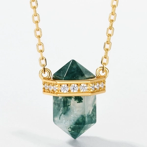 S925 silver gold-plated necklace with a hexagonal moss agate pillar and zircon inlay