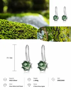 Detalle macro de pendientes de gancho de plata S925 con ágata de musgo verde de corte octogonal