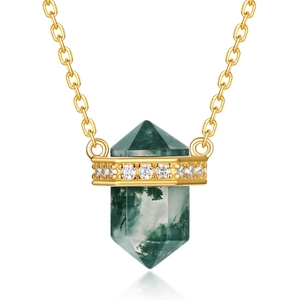 S925 silver gold-plated necklace featuring a hexagonal green moss agate pillar pendant