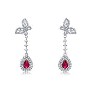 Boucles d'oreilles papillon en argent S925 avec pierres rouges et diamants brillants