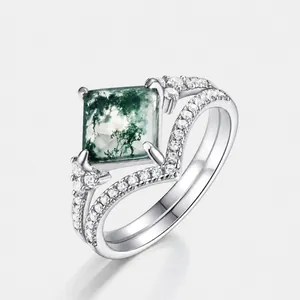 Natural Moss Agate Ring Set For Women 925 Sterling Silver Square Cut Green Gemstone Stackable Vintage Rhinestone Jewelry