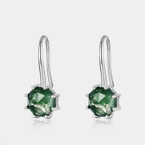 Pendientes de Gancho de Ágata Musgosa Natural Poste de Plata de Ley 925 Piedra Verde Geométrica Joyería Elegante para Mujer