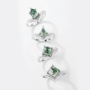 S925 sterling silver crown rings set with natural green moss agate in various shapes