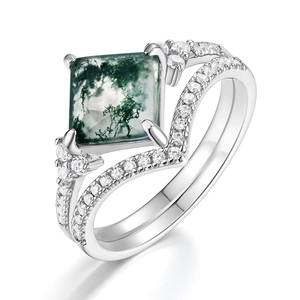 Elegant S925 silver stacking ring set with square moss agate and round zircons