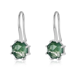 Pendientes de gancho de plata S925 con ágata de musgo verde hexagonal para mujer