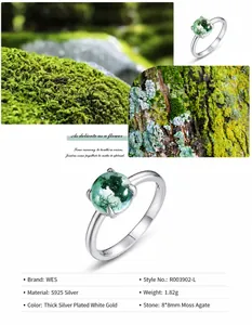 Detail of S925 silver ring featuring 8x8mm green moss agate stone with 9mm top width
