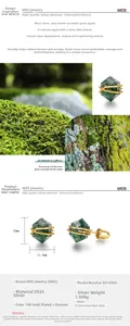 S925 silver green moss agate stud earrings with dimensions 12x11.2mm in gold finish