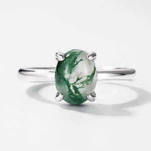Minimalist S925 sterling silver ring with oval moss agate in a four-prong setting