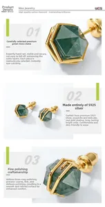 Detail of S925 silver earring with hexagonal green moss agate and gold plating