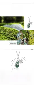 Detailed view of moss agate gourd pendant in S925 silver with snowflake ornament and dimensions
