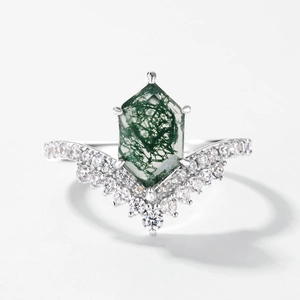 Classic crown s925 silver ring with hexagon moss agate and sparkling chevron accents