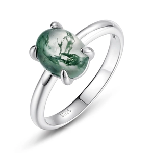 Minimalist S925 sterling silver ring featuring an oval green moss agate gemstone
