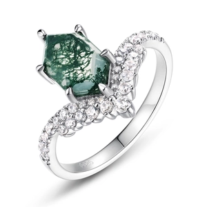 Classic S925 silver crown ring with hexagonal green moss agate and zircon stones