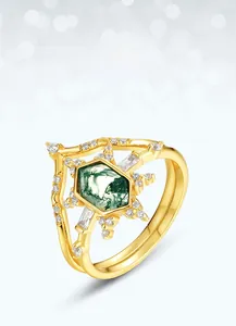 Macro detail of hexagonal green moss agate ring set in gold plated S925 sterling silver