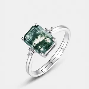 Bague Réglable en Argent Sterling 925 Vintage pour Femme Bijoux Géométriques en Agate Mousse Naturelle et Strass