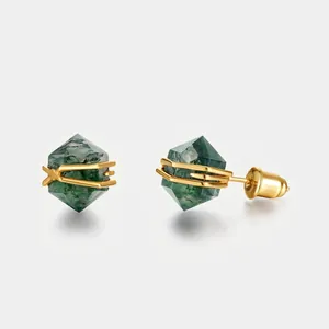 Vintage Gothic Green Moss Agate Hexagonal Column Stud Earrings For Women 925 Sterling Silver Earring Post Inlaid Jewelry
