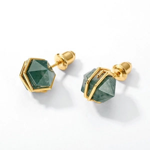 Gothic hexagonal green moss agate stud earrings with minimalist gold S925 silver setting
