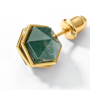 Gothic hexagonal green moss agate stud earring with gold plating on white background