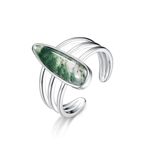 Minimalistischer S925 Silberring mit grünem Moosachat und vierfachem Banddesign