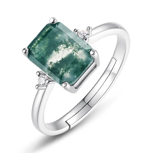 Bague en Agate Mousse en argent S925 avec pierres latérales et anneau réglable ouvert