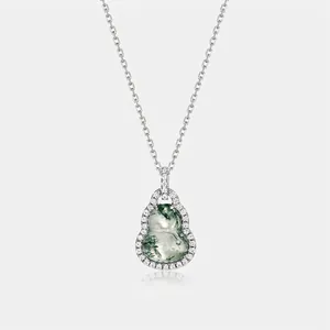 Natural Moss Agate Gourd Pendant Necklace S925 Sterling Silver Rhinestone Lucky Wu Lou Necklace Jewelry Gift For Women