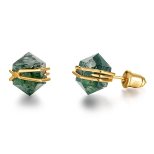 Gothic S925 silver stud earrings featuring hexagonal moss agate crystals in gold settings