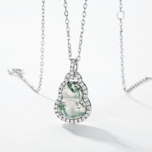 Natural moss agate gourd pendant necklace with S925 silver and sparkling cubic zirconia