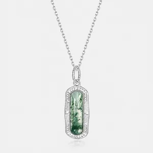 925 Sterling Silver Moss Agate Pendant Necklace Natural Green Water Grass Agate Inlaid Rhinestone Geometric Clavicle Chain Jewelry