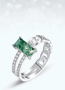 Detailed macro view of S925 silver ring featuring natural moss agate and chain design