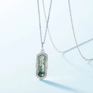 Long rectangle green moss agate pendant necklace in S925 sterling silver settings