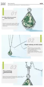 Macro detail of fan-shaped green moss agate pendant with polished S925 silver setting