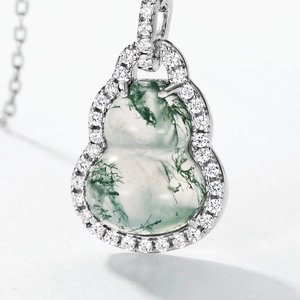 Natural moss agate gourd necklace with S925 sterling silver and sparkling zircon accents