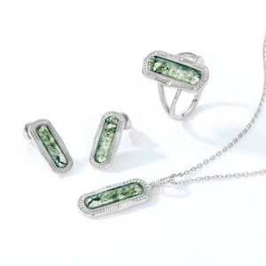 Retro S925 silver jewelry set with rectangular moss agate necklace, ring and earrings
