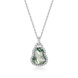Gourd natural moss agate necklace in S925 sterling silver with sparkling crystal halo