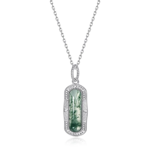 Vintage long moss agate necklace with S925 sterling silver rectangular pendant