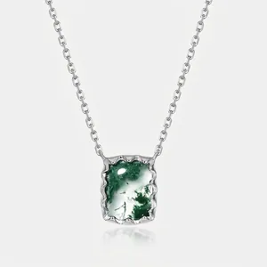 Pendentif Rectangle en Agate Mousse Naturelle Collier Chaîne en Argent Sterling 925 Bijoux Pour Femmes Pierre Géométrique