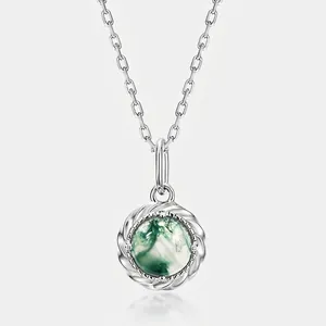 Collana con Ciondolo in Agata Muschiata in Argento Sterling 925 Pietra Verde Naturale Tonda Geometrica Gioielli Donna Regalo