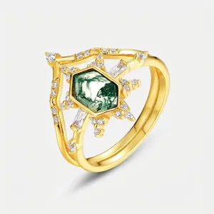 Vintage S925 Sterling Silver Hexagon Moss Agate Stackable Ring For Women Starburst Crown Design With Zirconia Jewelry Gift
