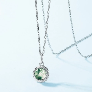 Collana in argento sterling S925 con ciondolo tondo in agata muschiata e bordo intrecciato