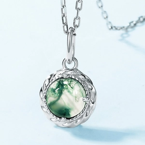 Collana in argento S925 con ciondolo tondo in agata muschiata e montatura a corda lucida
