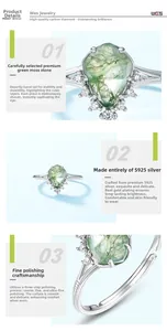Détails d'une bague en argent S925 avec agate mousse verte naturelle en forme de goutte