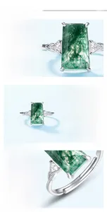 Macro view showing rectangular green moss agate set in S925 sterling silver with side stones
