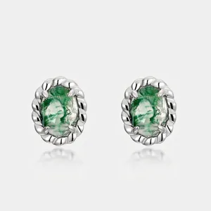 925 Sterling Silver Moss Agate Oval Stud Earrings For Women Green Natural Gemstone Elegant Fashion Jewelry Gift