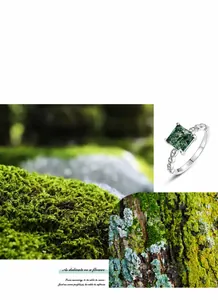 Macro shot of S925 silver ring featuring square moss agate with natural green textures