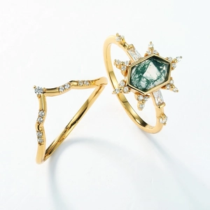 Unique hexagon moss agate ring set in gold S925 silver with sparkling starburst design