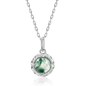 Collana in argento S925 con pendente ovale in agata muschiata e dettagli in metallo intrecciato