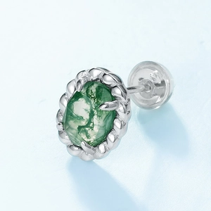 Oval moss agate stud earring with S925 silver rope edge and natural green inclusions