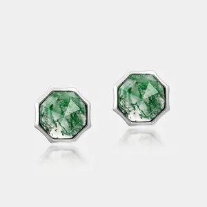 925 Sterling Silver Natural Moss Agate Stud Earrings For Women Octagonal Green Moss Stone Elegant Simple Fashion Jewelry Gift